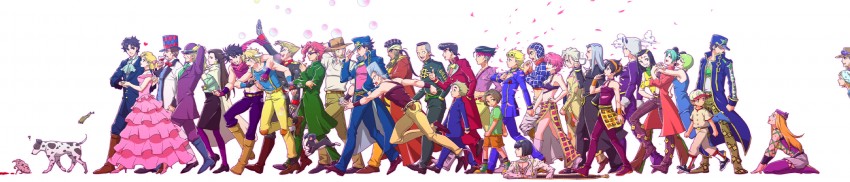 joseph joestar, kujo jotaro, caesar anthonio zeppeli, kujo jolyne, giorno giovanna, and 29 more (jojo no kimyou na bouken and 7 more) drawn by tetsukuzu_tetsuko