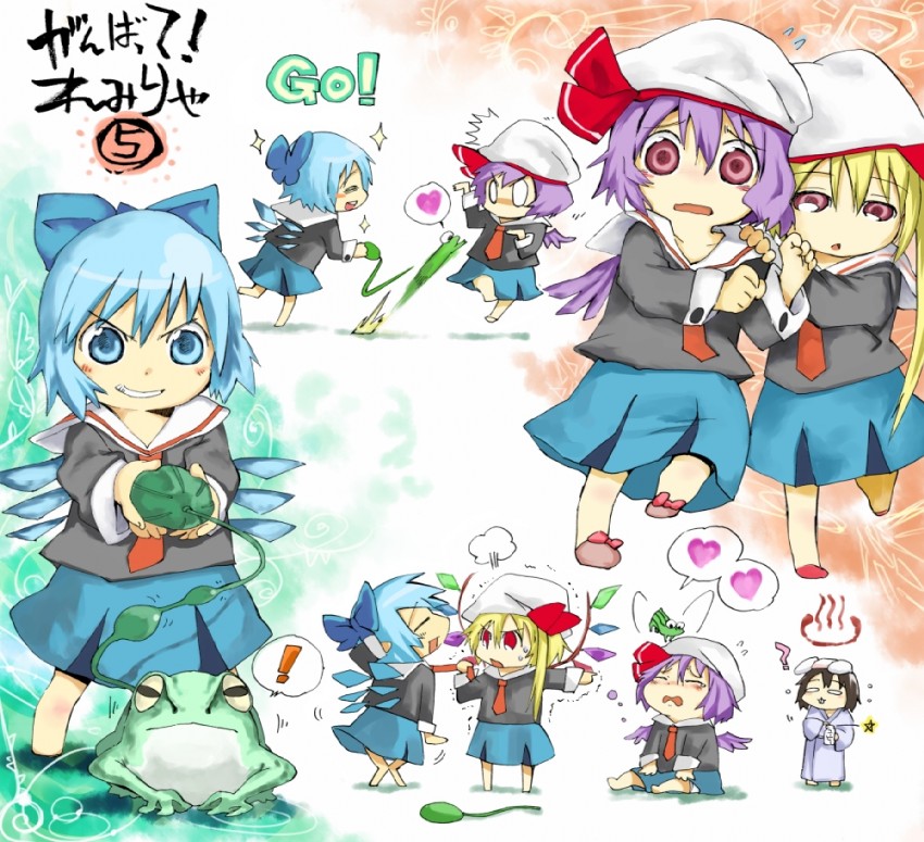 remilia scarlet, flandre scarlet, cirno, and inaba tewi (touhou) drawn by ogawa_maiko