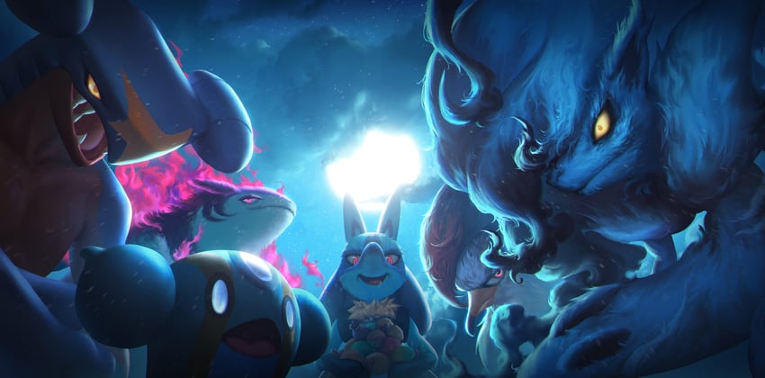 lucario, garchomp, hisuian typhlosion, hisuian zoroark, staraptor, and 1 more (pokemon) drawn by wer_(no0701)