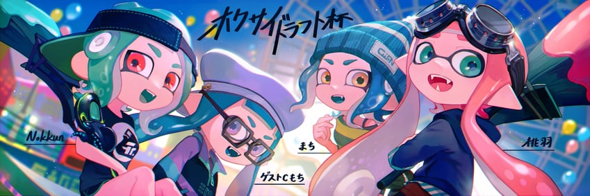 inkling player character, inkling girl, octoling player character, and octoling girl (splatoon) drawn by ayakii