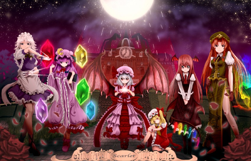 remilia scarlet, flandre scarlet, izayoi sakuya, patchouli knowledge, hong meiling, and 1 more (touhou and 1 more) drawn by aldehyde