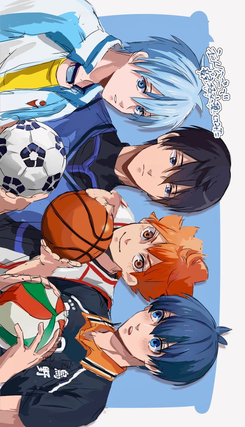 hinata shouyou, kuroko tetsuya, nanase haruka, and isagi yoichi (haikyuu!! and 3 more) drawn by en_llll