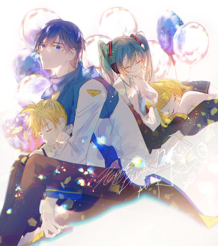 hatsune miku, kagamine rin, kagamine len, and kaito (vocaloid) drawn by karanagare
