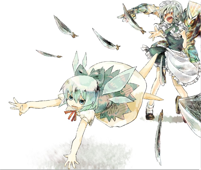 izayoi sakuya, cirno, and the world (touhou and 2 more) drawn by 07cy