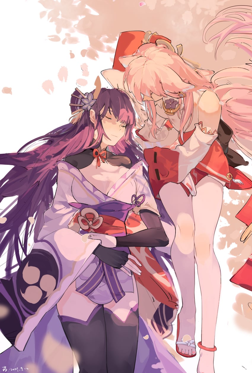 raiden shogun and yae miko (genshin impact) drawn by hongchasweet