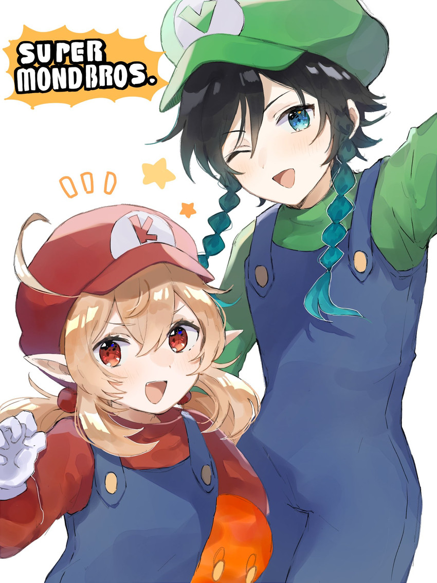 venti, klee, mario, luigi, slime, and 1 more (genshin impact and 1 more) drawn by kuragegeso