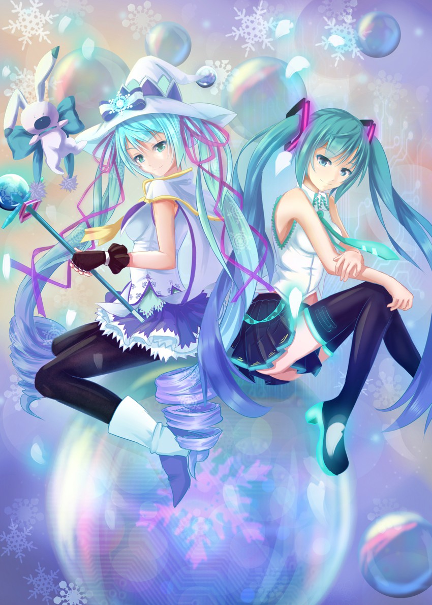hatsune miku, yuki miku, and rabbit yukine (vocaloid and 1 more) drawn by bakanoe