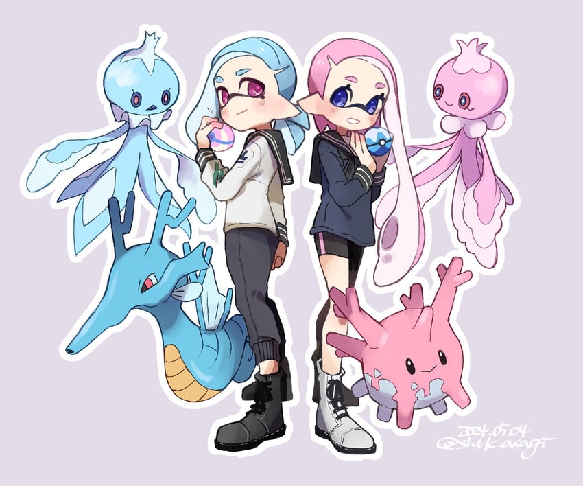 inkling player character, inkling girl, corsola, kingdra, and frillish (pokemon and 2 more) drawn by shrk_asagi