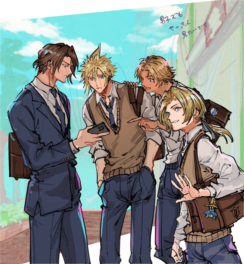 cloud strife, squall leonhart, zidane tribal, black mage, tidus, and 1 more (final fantasy and 4 more) drawn by shio_ga