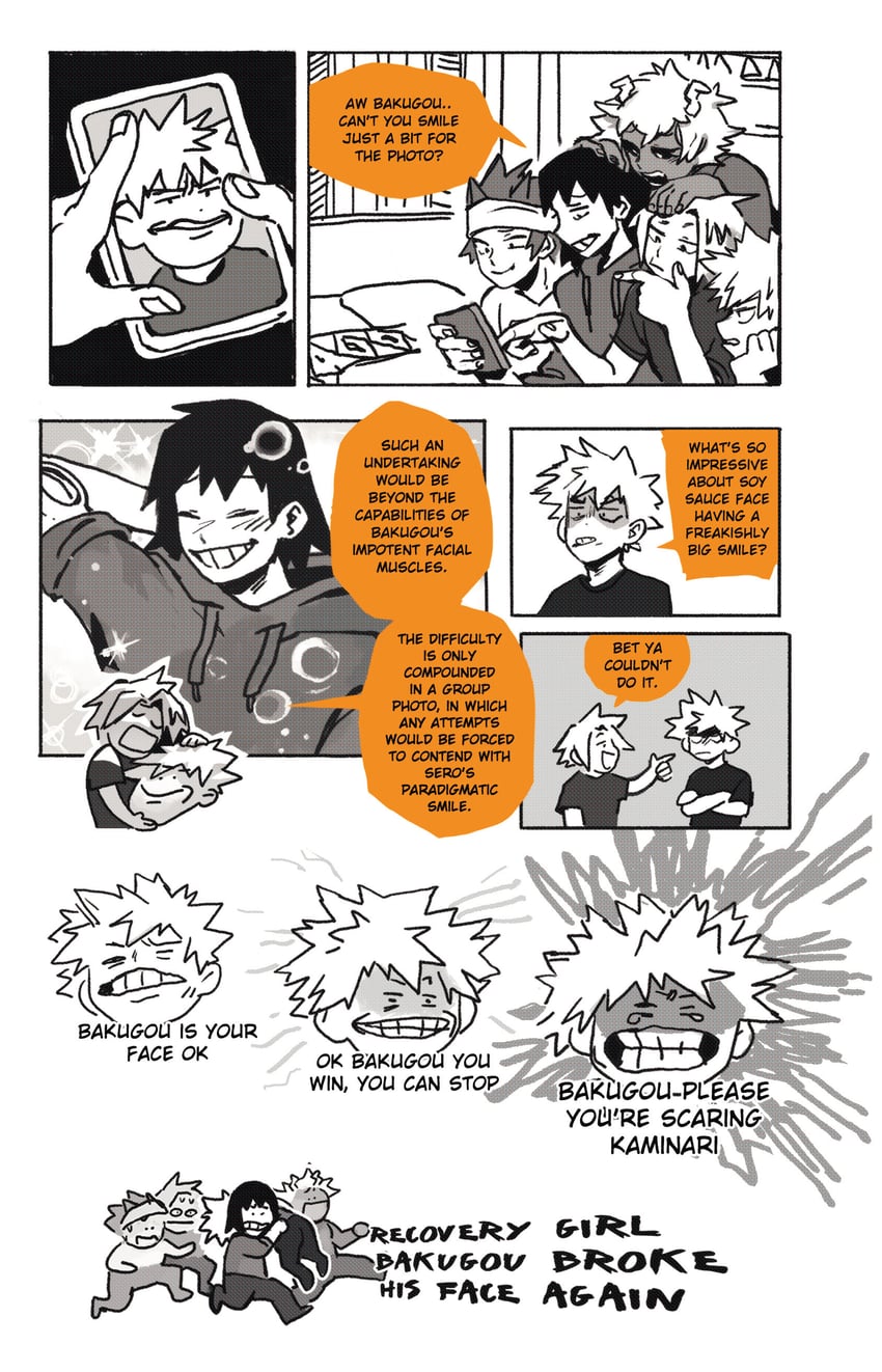 bakugou katsuki, ashido mina, kirishima eijiro, kaminari denki, and sero hanta (boku no hero academia) drawn by fenkko