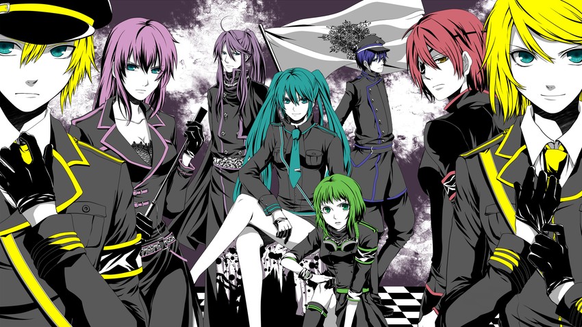 hatsune miku, kagamine rin, kagamine len, megurine luka, kaito, and 3 more (vocaloid) drawn by rikko157