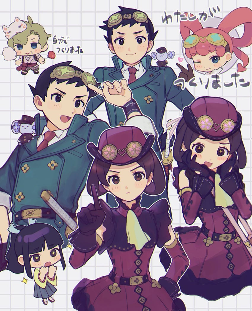 ryunosuke naruhodo, herlock sholmes, susato mikotoba, iris wilson, and rei membami (ace attorney and 2 more) drawn by yamunashi