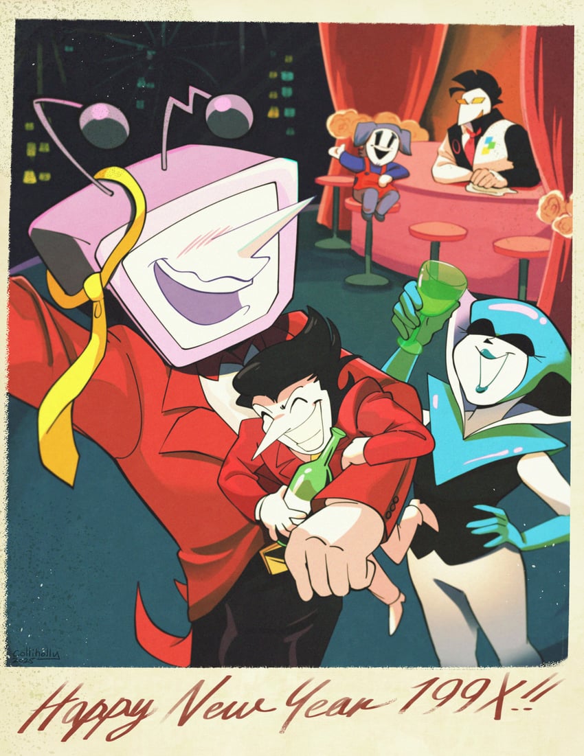 ant tenna, spamton g. spamton, queen, swatch, and ramb (deltarune) drawn by colliholly
