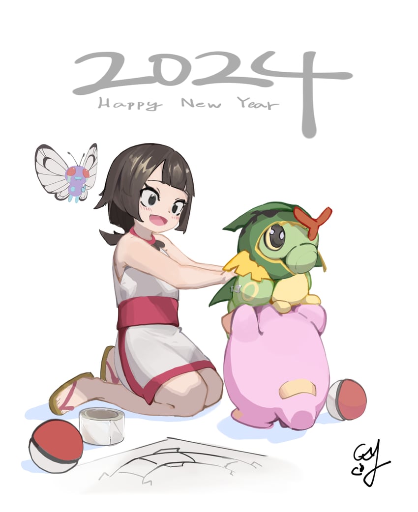 rayquaza, butterfree, zinnia, caterpie, whismur, and 1 more (pokemon and 1 more) drawn by acccty