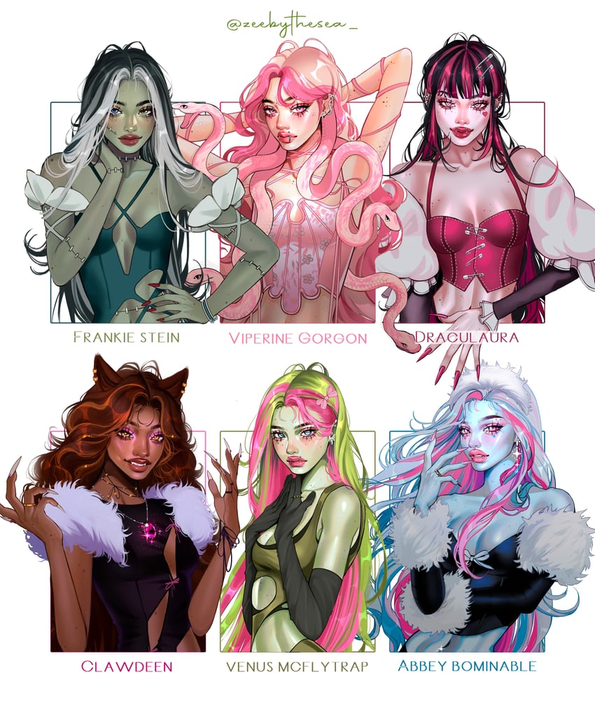 draculaura, frankie stein, clawdeen wolf, viperine gorgon, abbey bominable, and 1 more (monster high) drawn by zeebythesea