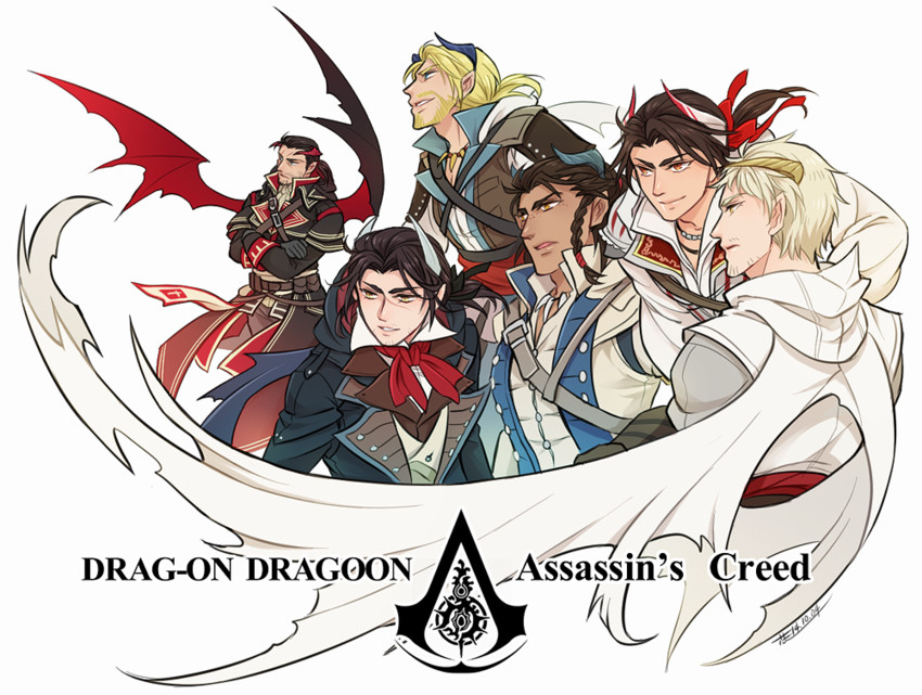 ezio auditore da firenze, altair ibn la-ahad, connor kenway, arno dorian, edward kenway, and 1 more (drag-on dragoon and 1 more) drawn by shinzui_(fantasysky7)
