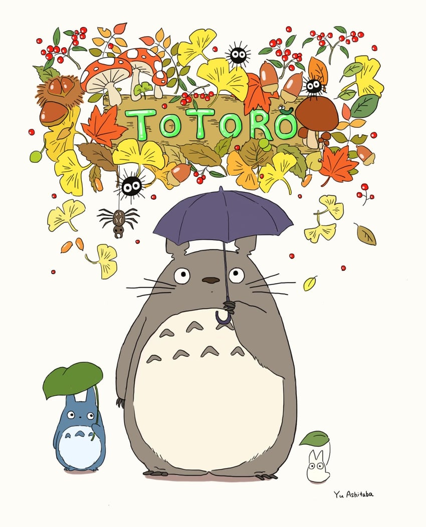 totoro, susuwatari, chibi totoro, and chuu totoro (studio ghibli and 1 more) drawn by ashitaba_yu