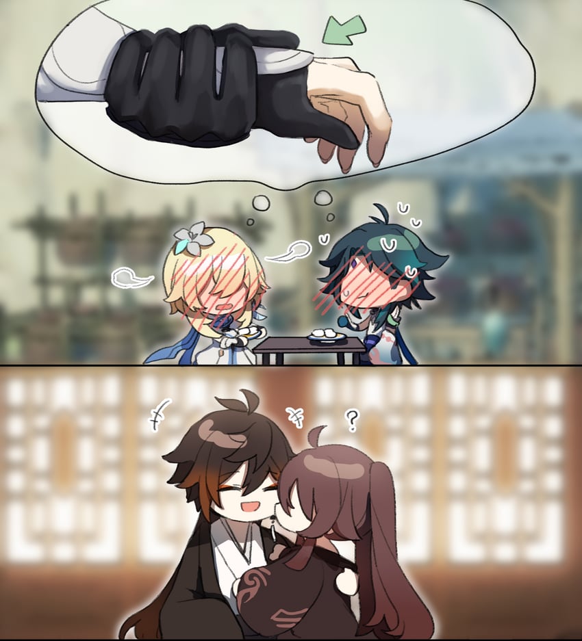 lumine, hu tao, zhongli, and xiao (genshin impact) drawn by sp0i0ppp