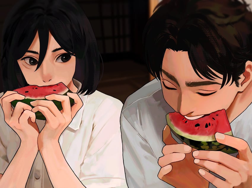 mikasa ackerman and eren yeager (shingeki no kyojin) drawn by sumiensp