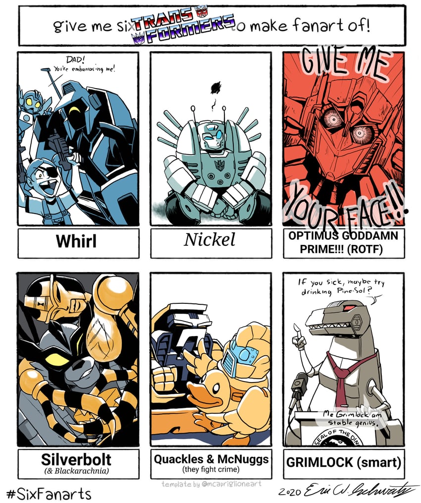 optimus prime, grimlock, blackarachnia, whirl, nickel, and 1 more (transformers and 7 more) drawn by eric_w_schwartz