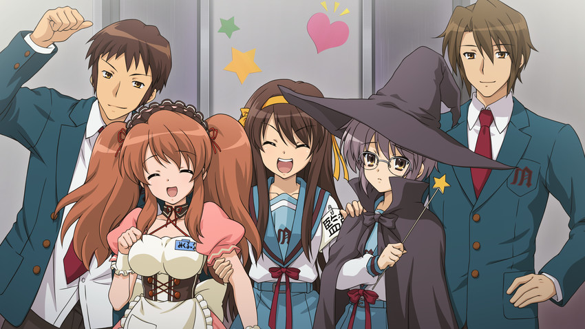 suzumiya haruhi, nagato yuki, asahina mikuru, kyon, and koizumi itsuki (suzumiya haruhi no yuuutsu and 2 more)