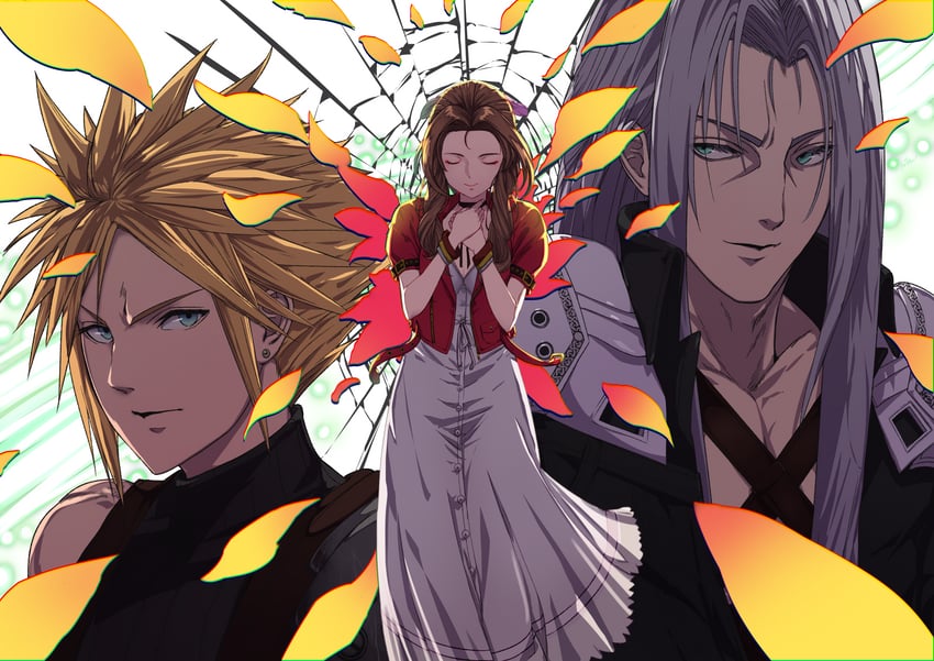 cloud strife, aerith gainsborough, and sephiroth (final fantasy and 2 more) drawn by chienon