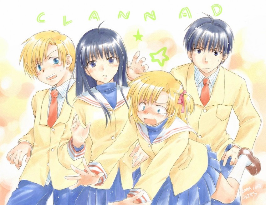 okazaki tomoya, sunohara youhei, sunohara youko, and okazaki tomomi (clannad) drawn by misaki_juri