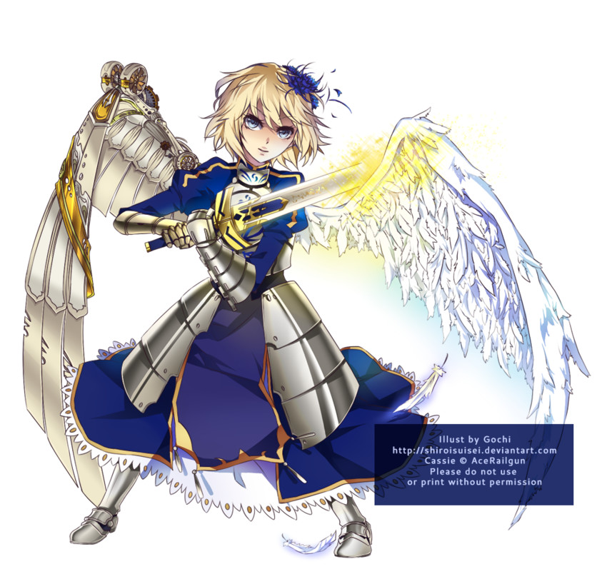 artoria pendragon, saber, and cassie (original and 2 more) drawn by gochi