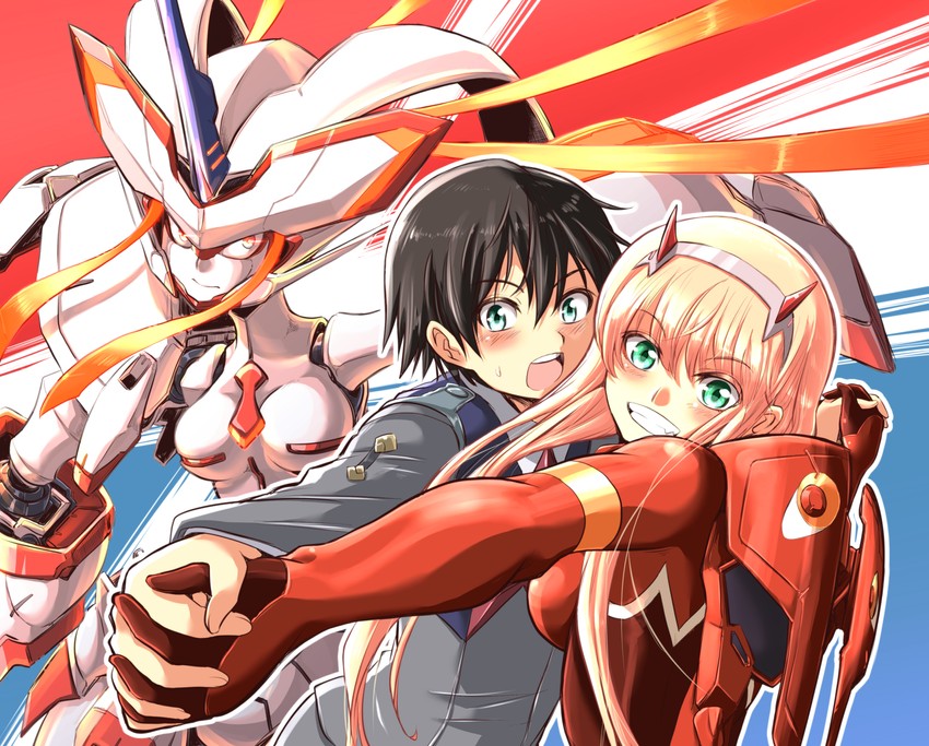 zero two, hiro, and strelizia (darling in the franxx) drawn by zatou_(kirsakizato)