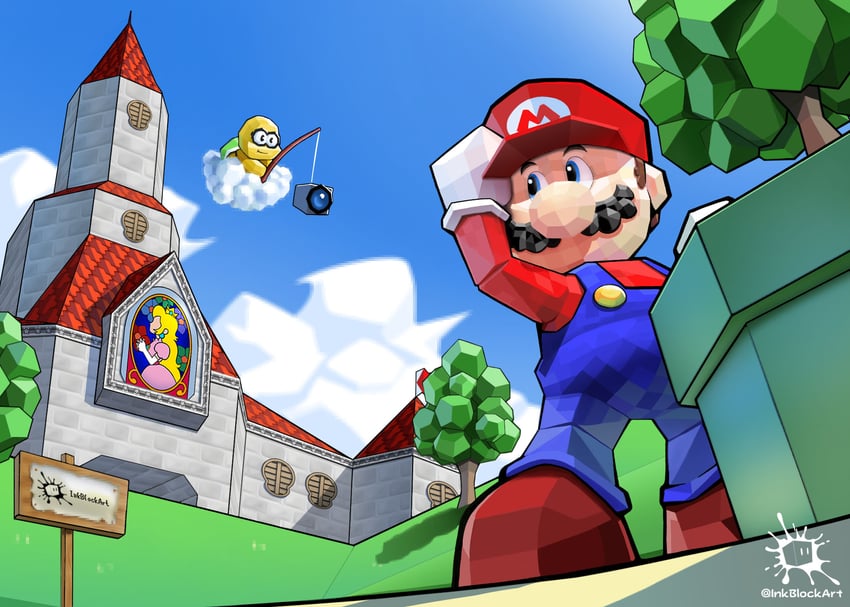 princess peach, mario, lakitu, and lakitu's cloud (mario and 1 more) drawn by inkblockart