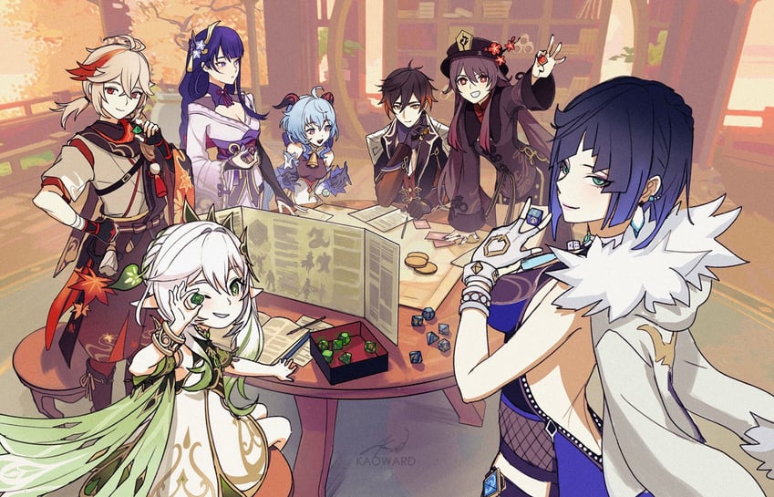 ganyu, raiden shogun, hu tao, nahida, zhongli, and 2 more (genshin impact) drawn by uglykao