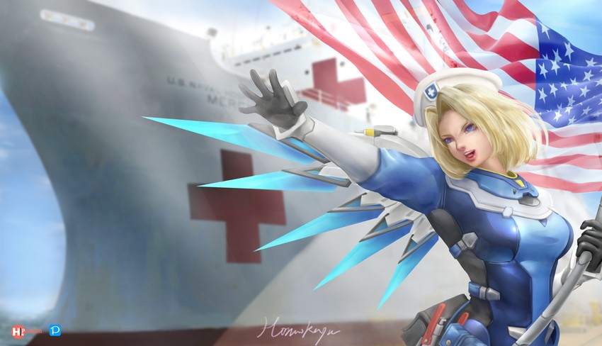 mercy and combat medic ziegler (overwatch and 1 more) drawn by honookayn