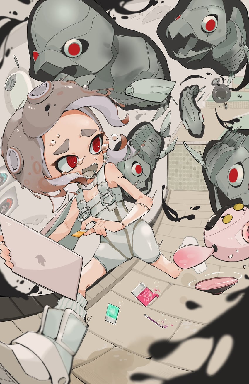 octoling player character, octoling girl, pearl, agent 8, pearl drone, and 2 more (splatoon and 2 more) drawn by tyinkama