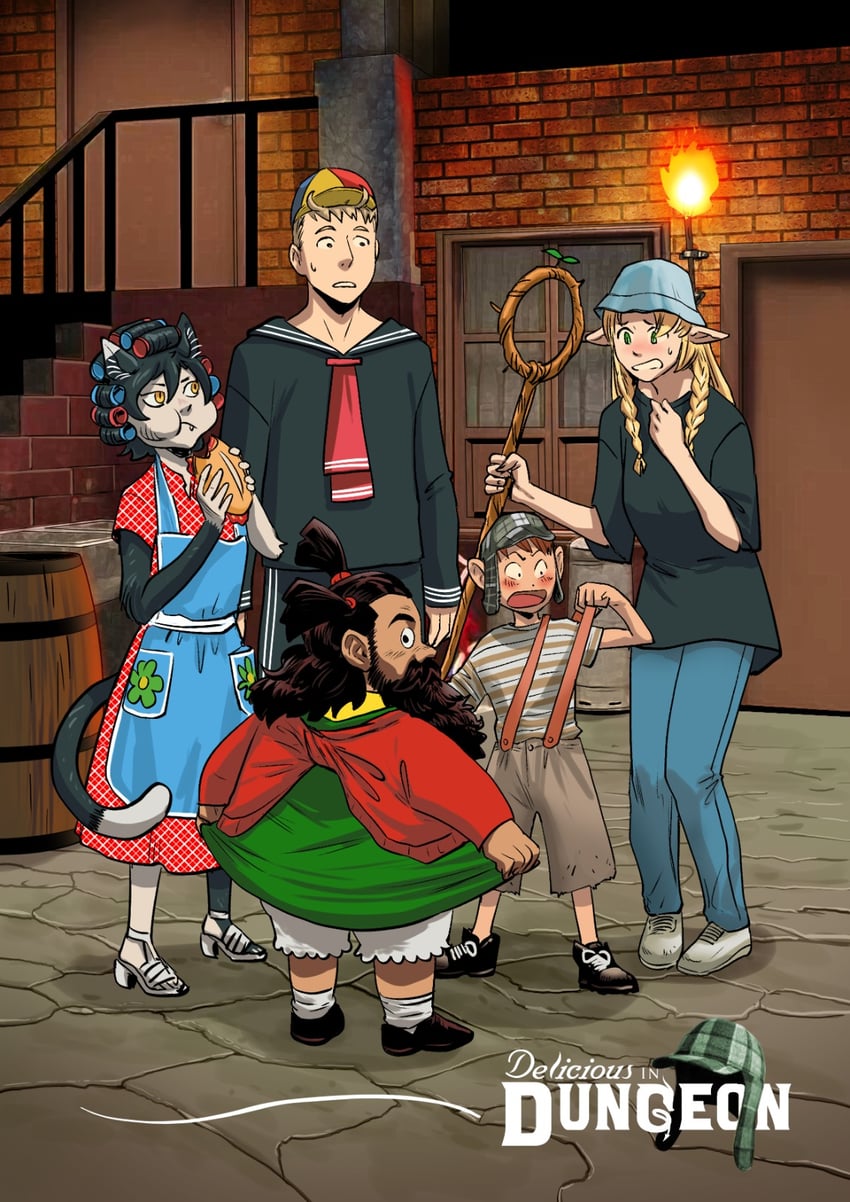 marcille donato, laios touden, senshi, chilchuck tims, izutsumi, and 5 more (dungeon meshi and 1 more) drawn by kikomauriz