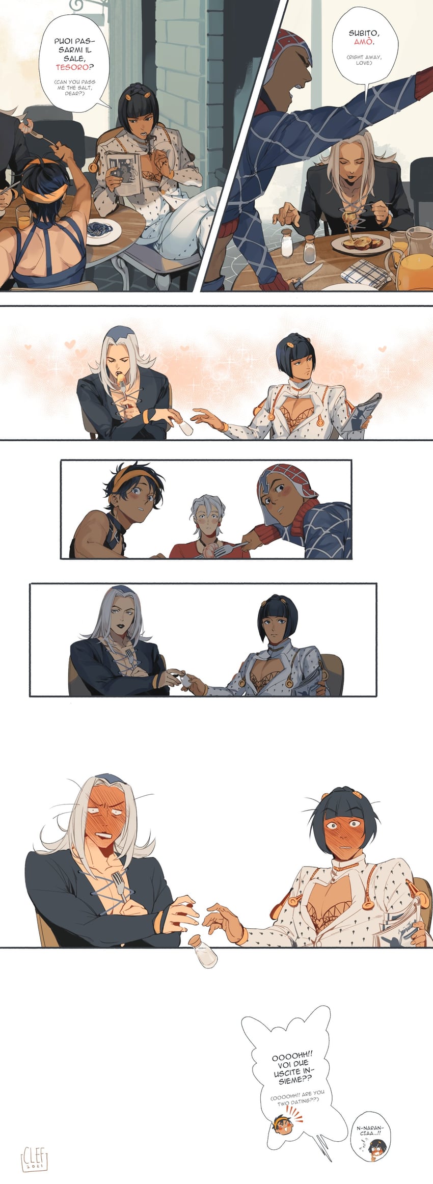 bruno bucciarati, guido mista, narancia ghirga, pannacotta fugo, and leone abbacchio (jojo no kimyou na bouken and 1 more) drawn by worvies