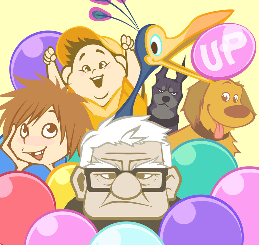 carl fredricksen, dug, russell, kevin, ellie fredricksen, and 1 more (up) drawn by ro_riran