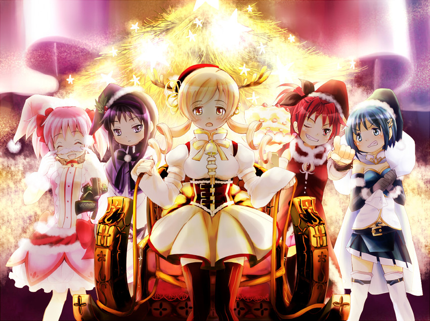 akemi homura, kaname madoka, miki sayaka, sakura kyoko, and tomoe mami (mahou shoujo madoka magica) drawn by oka_(umanihiki)