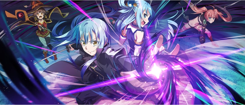 megumin, aqua, rimuru tempest, and milim nava (kono subarashii sekai ni shukufuku wo! and 2 more)