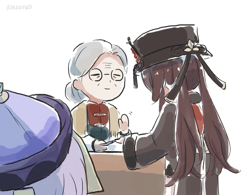 hu tao, qiqi, and madame ping (genshin impact) drawn by xinzoruo