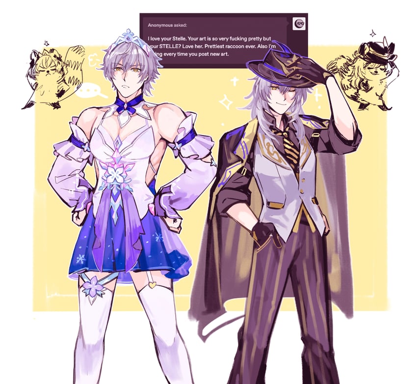 trailblazer, stelle, march 7th, and caelus (honkai and 1 more) drawn by soursoppi