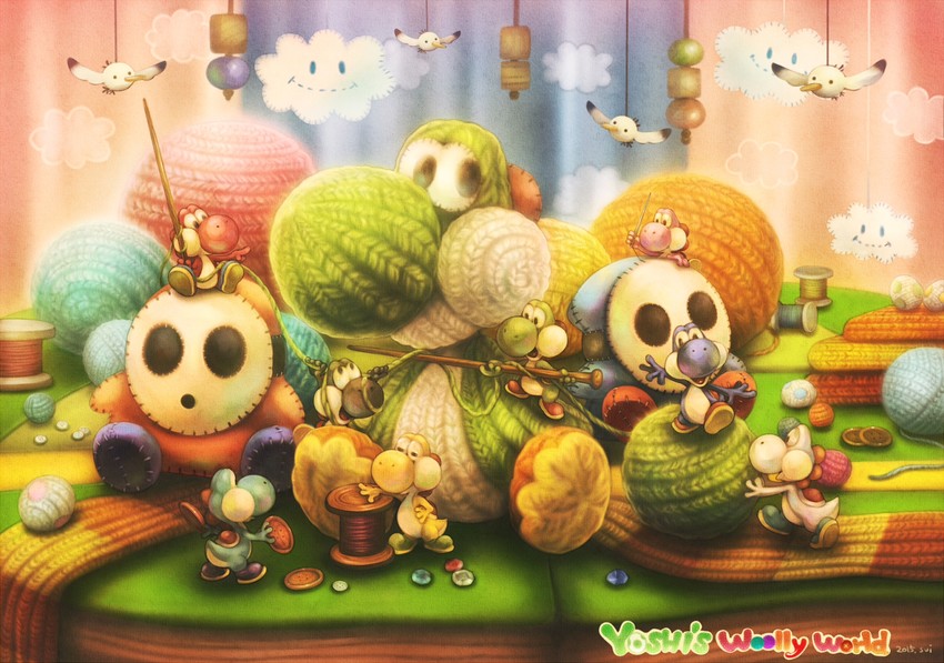 yoshi, shy guy, red yoshi, yellow yoshi, pink yoshi, and 5 more (mario and 1 more) drawn by sui_(petit_comet)