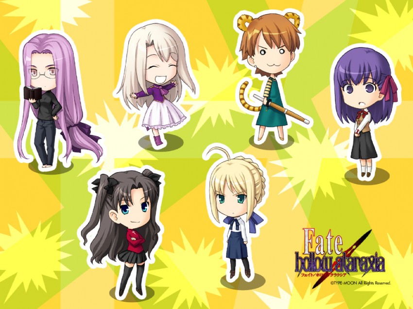 artoria pendragon, saber, tohsaka rin, illyasviel von einzbern, matou sakura, and 2 more (fate and 2 more) drawn by takeuchi_takashi
