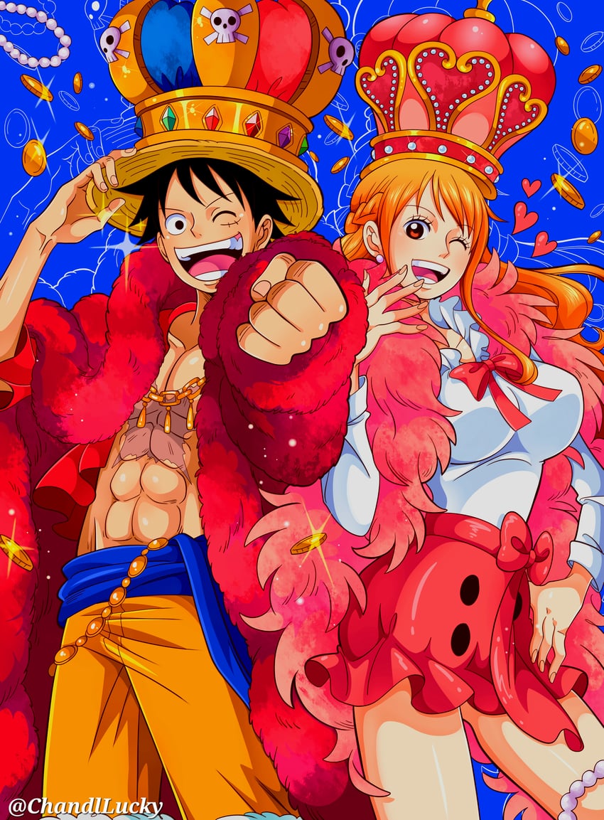 nami and monkey d. luffy (one piece) drawn by chandllucky