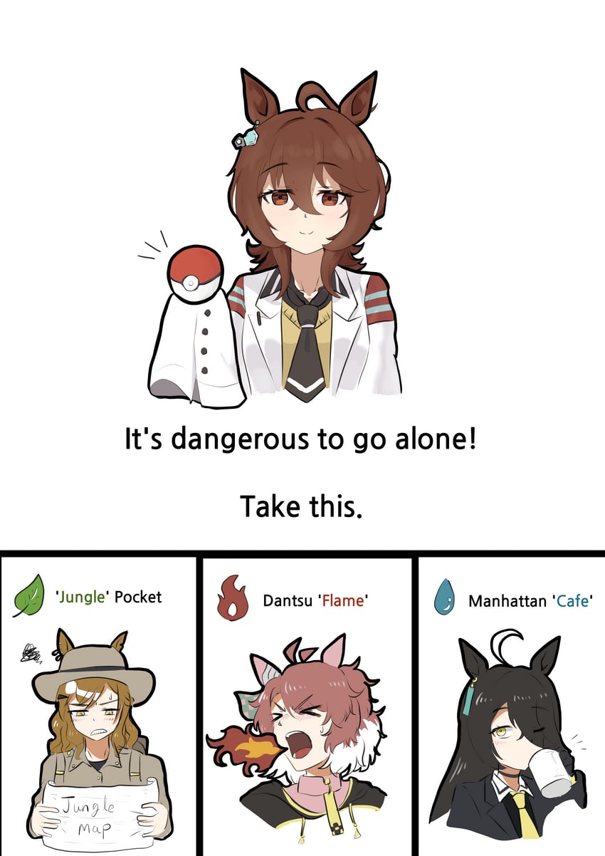 agnes tachyon, manhattan cafe, dantsu flame, and delphox (pokemon and 1 more) drawn by blackuma