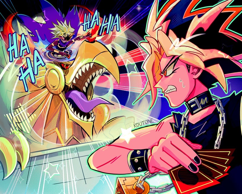yami yugi, yami marik, and the winged dragon of ra (yu-gi-oh! and 1 more) drawn by koutone9