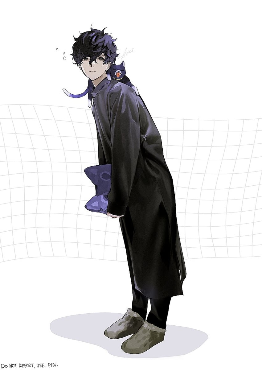 amamiya ren and morgana (persona and 1 more) drawn by btmr_game