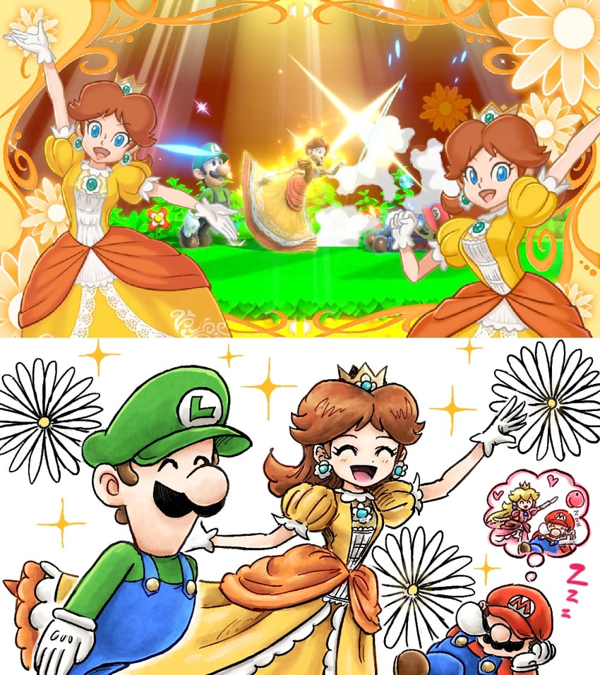 princess peach, mario, luigi, and princess daisy (mario and 1 more) drawn by kicdon