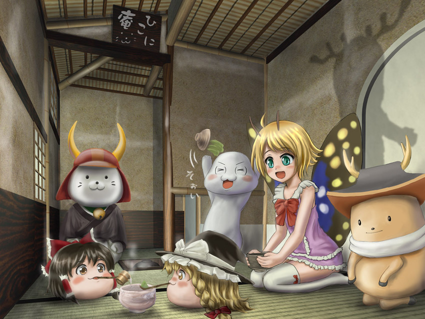 hakurei reimu, kirisame marisa, shimon, yaruo, hikonyan, and 2 more (touhou and 2 more) drawn by murasaki-no