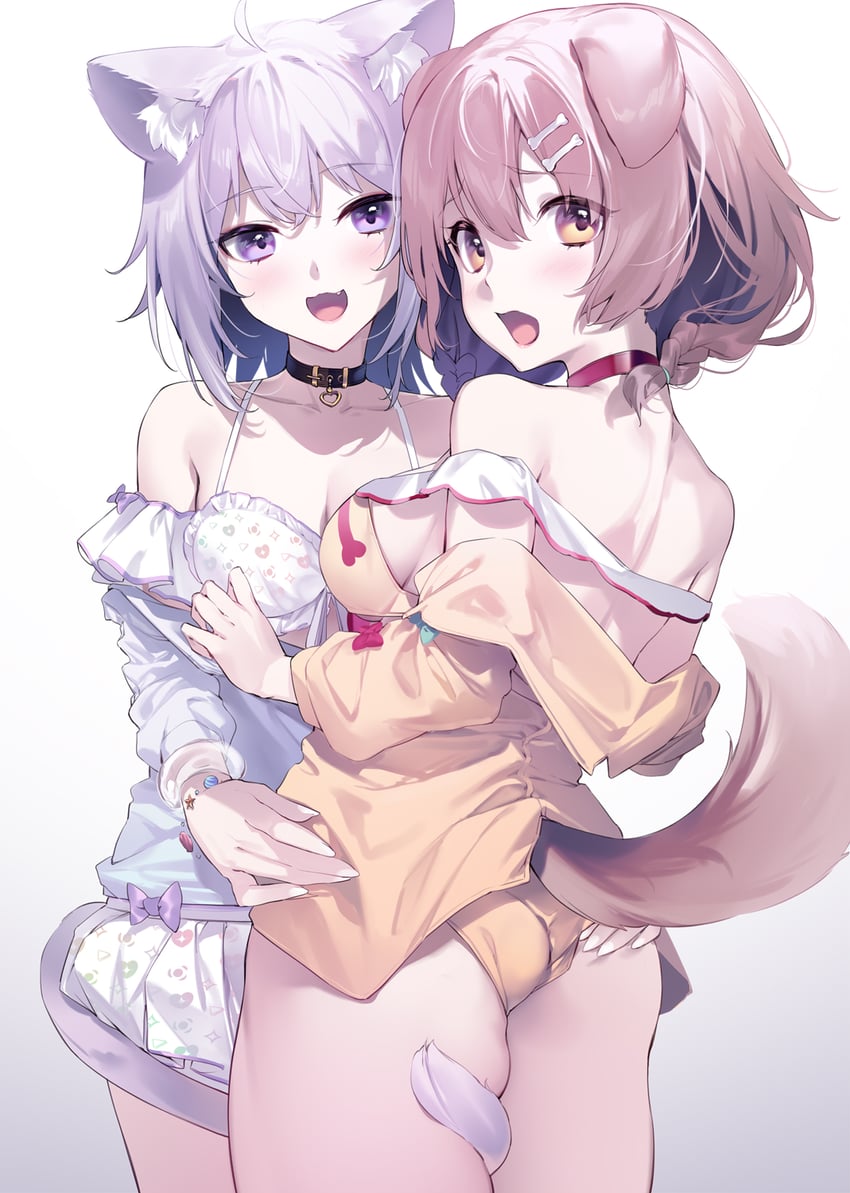 nekomata okayu and inugami korone (hololive) drawn by yaguo