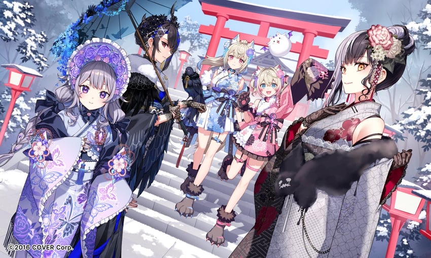 shiori novella, nerissa ravencroft, fuwawa abyssgard, mococo abyssgard, koseki bijou, and 2 more (hololive and 1 more) drawn by nardack